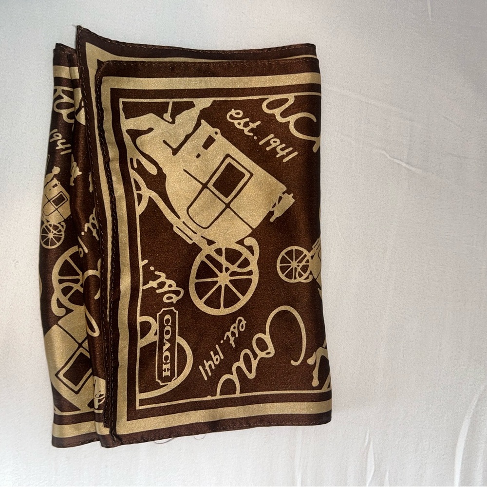 Coach Silk Scarf Brown Beige Horses & Carriage Print Long Rectangular Scarf - Picture 5 of 6